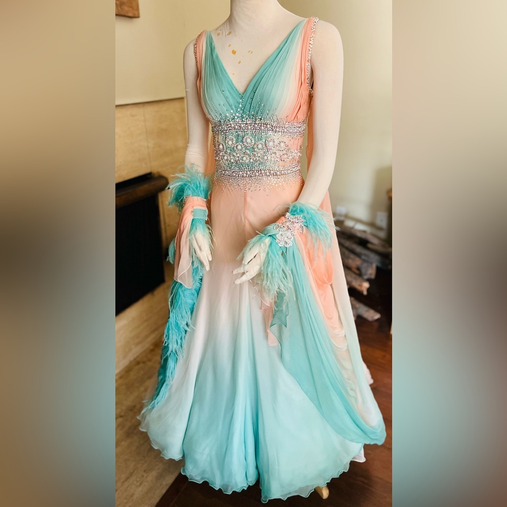 Ballroom Standart Competition Dance dress size S Peach and Teal - Picture 6 of 10